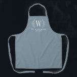 Elegant Monogram Dusty Blue Family Name Apron<br><div class="desc">This dusty blue and white apronr is decorated with a laurel leaf monogram and your name and wedding date. Great for wedding and anniversary gifts.  Personalise it with your Initial,  name and wedding date. Comes in a variety of colours. Designed for you by blackberry Boulevard.</div>