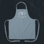 Elegant Monogram Dusty Blue Family Name Apron<br><div class="desc">This dusty blue and white apronr is decorated with a laurel leaf monogram and your name and wedding date. Great for wedding and anniversary gifts.  Personalise it with your Initial,  name and wedding date. Comes in a variety of colours. Designed for you by blackberry Boulevard.</div>