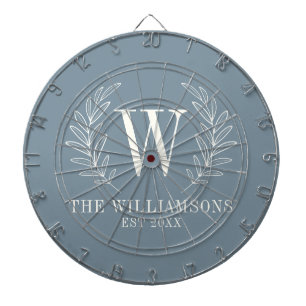Elegant Monogram Dusty Blue Family Name Dartboard