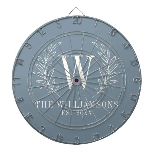Elegant Monogram Dusty Blue Family Name Dartboard (Front)