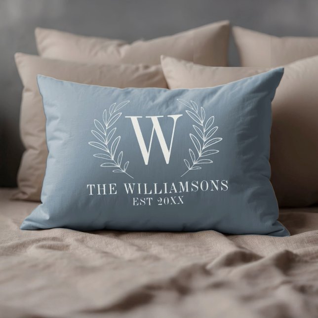 Elegant Monogram Dusty Blue Family Name Decorative Cushion (A classy dusty blue and white monogram lumbar pillow.)