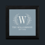 Elegant Monogram Dusty Blue Family Name Gift Box<br><div class="desc">This dusty blue and white gift box is decorated with a laurel leaf monogram and your name and wedding date. Great for wedding and anniversary gifts.  Personalise it with your Initial,  name and wedding date. Comes in a variety of colours. Designed for you by blackberry Boulevard.</div>