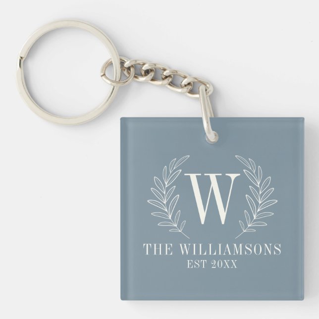 Elegant Monogram Dusty Blue Family Name Key Ring (Front)