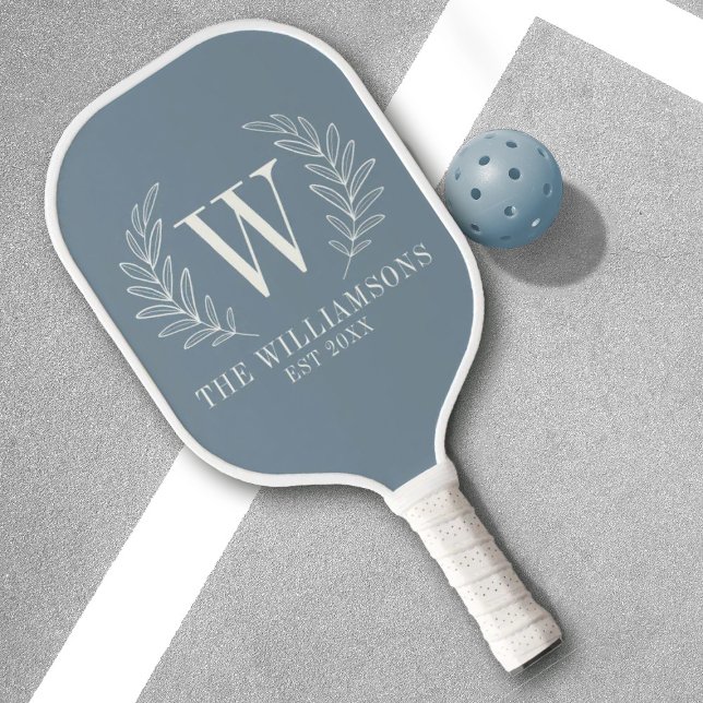Elegant Monogram Dusty Blue Family Name Pickleball Paddle (A classy dusty blue and white monogram pickelball paddle. Personalize it with your family name.)