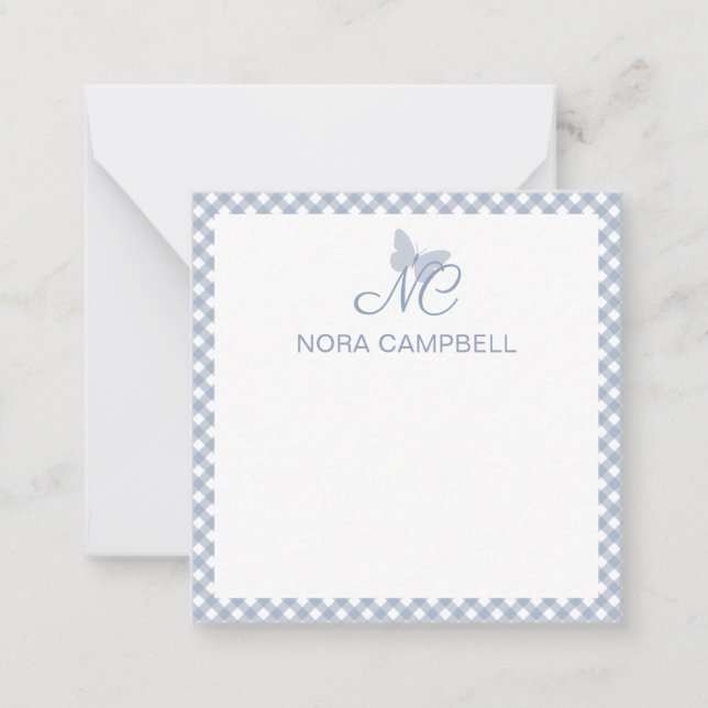 Elegant Monogram Dusty Blue Gingham Personalised Card (Front)