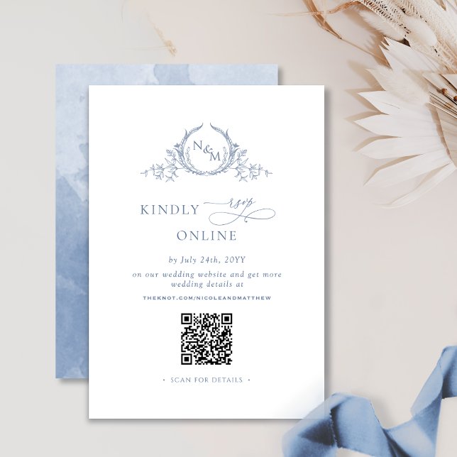 Elegant Monogram Dusty Blue QR Code Wedding RSVP Enclosure Card (Creator Uploaded)