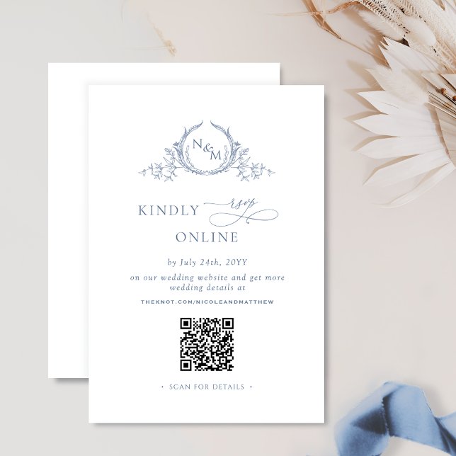 Elegant Monogram Dusty Blue QR Code Wedding RSVP Enclosure Card (Creator Uploaded)