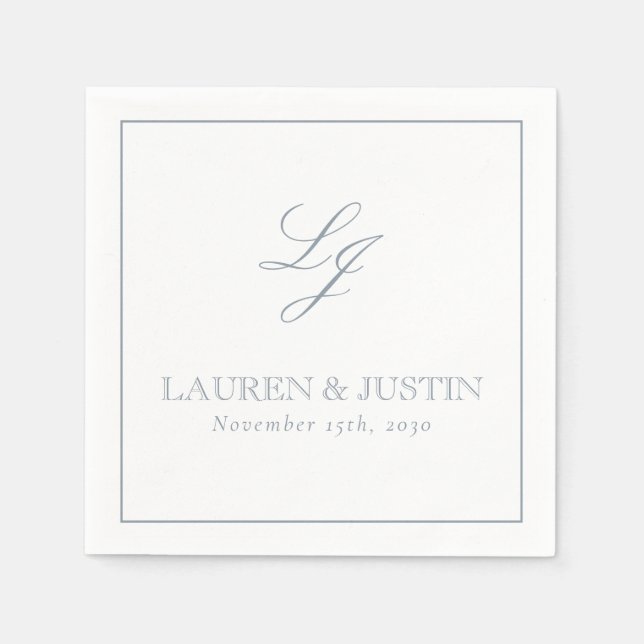 Elegant Monogram Dusty Blue Simple Script Wedding Napkin (Front)