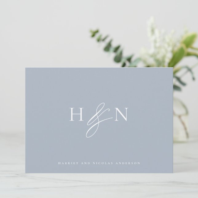 Elegant Monogram Dusty Blue Wedding Thank You Card (Standing Front)