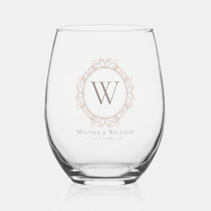Elegant Monogram Dusty Blush Classic Wedding Stemless Wine Glass