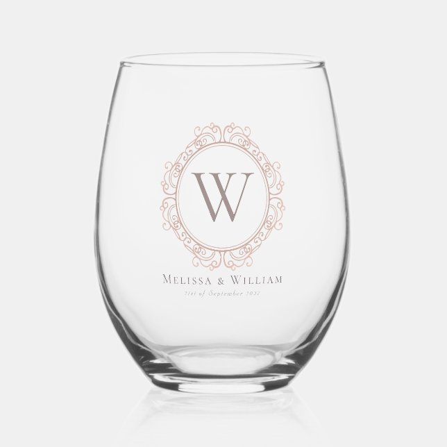 Elegant Monogram Dusty Blush Classic Wedding Stemless Wine Glass (Front)