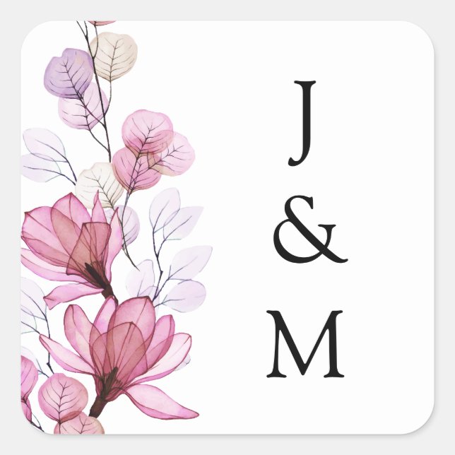 Elegant Monogram Dusty Rose Floral Wedding Square Sticker (Front)