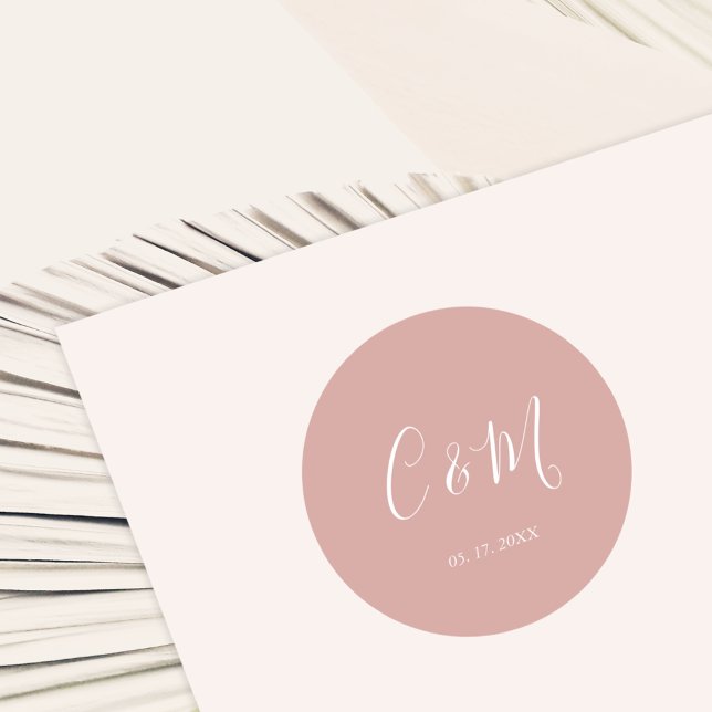Elegant Monogram Dusty Rose Wedding Classic Round Sticker (Creator Uploaded)