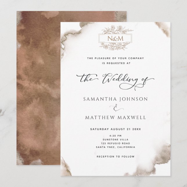 Elegant Monogram, Earthy Tones Watercolor, Wedding Invitation (Front/Back)