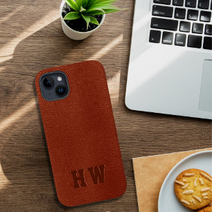 Elegant Monogram Embossed Brown Vegan Leather Case-Mate iPhone 14 Plus Case