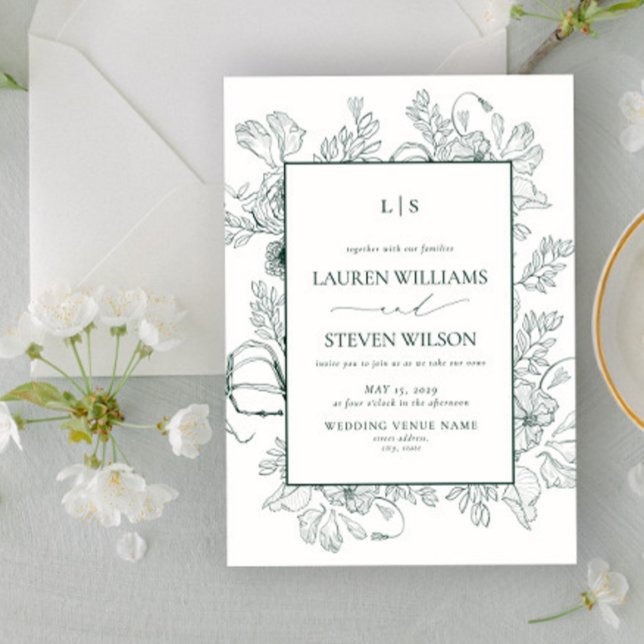 Elegant Monogram Emerald Green Floral Line Art Invitation (Creator Uploaded)