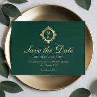 Elegant Monogram Emerald Green Gold Wedding