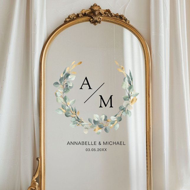 Elegant, monogram, eucalyptus, wedding, wreath window cling (Personalized, elegant, monogram, eucalyptus, wedding-wreath, window cling with your names and date.)