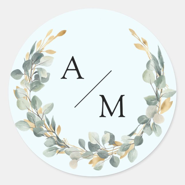 Elegant, monogram, eucalyptus wreath  classic round sticker (Front)