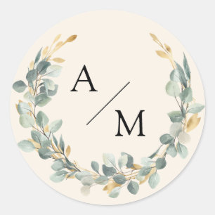 Elegant, monogram, eucalyptus wreath  classic round sticker