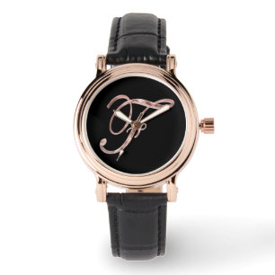 Elegant Monogram F Black Rose Gold Watch