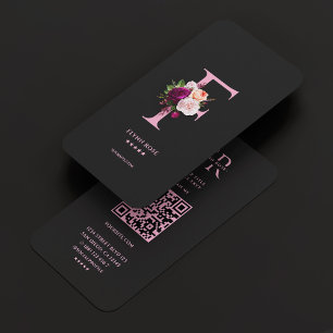 Elegant Monogram F Floral Rose Black Pink Business Card