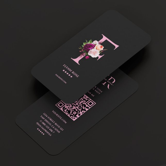 Elegant Monogram F Floral Rose Black Pink Business Card (Elegant Monogram F Floral Rose Black Pink Business Card
)