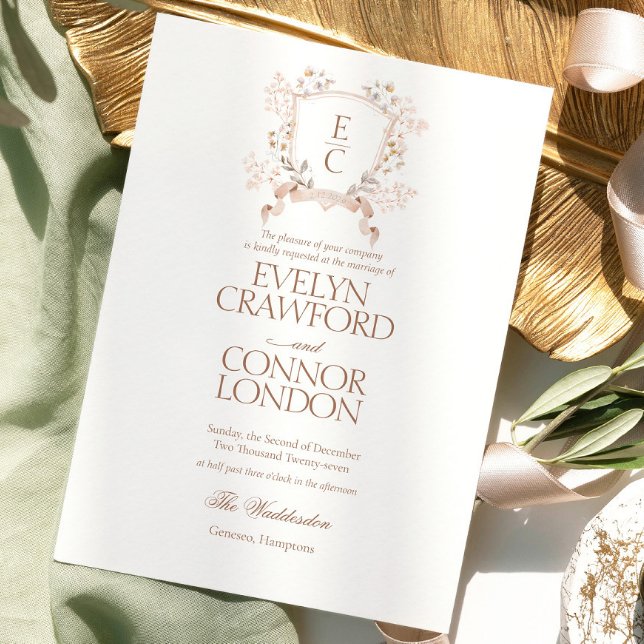 Elegant Monogram Fall Floral Crest Wedding Invitation (Creator Uploaded)