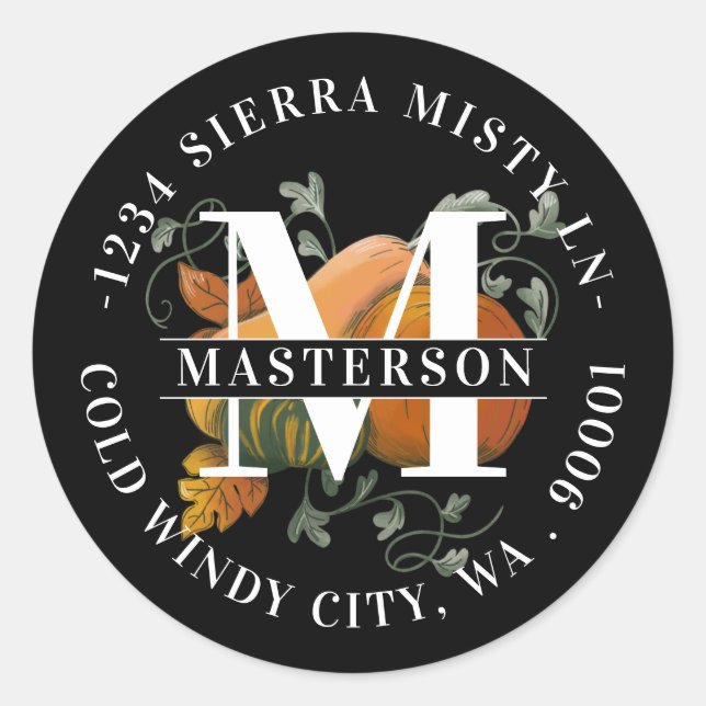 Elegant Monogram Fall Harvest Return Address Classic Round Sticker (Front)