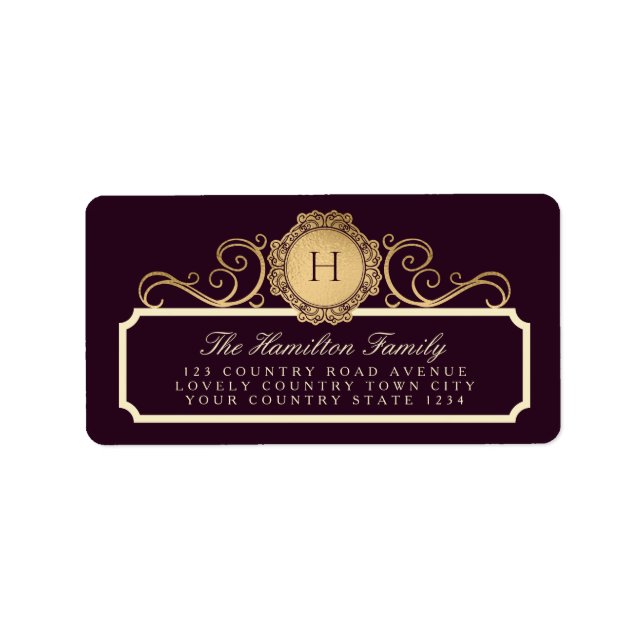 Elegant Monogram Family Burgundy Plum Gold Address Label (Front)
