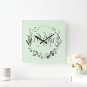 Elegant Monogram Family Name Foilage  Round Clock