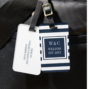 Elegant Monogram Family Name Navy Blue Stripe Luggage Tag