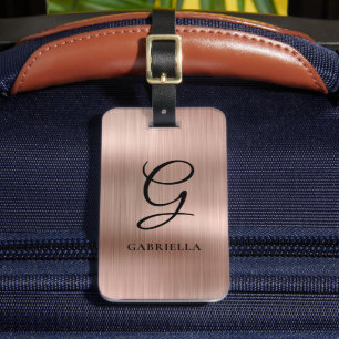 Elegant Monogram Faux Brushed Metal Rose Gold Luggage Tag