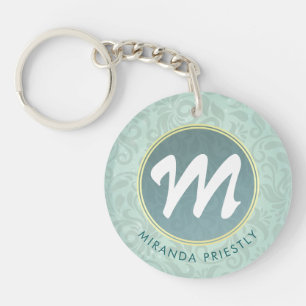 Elegant Monogram Faux Gold Turquoise Damask Floral Key Ring