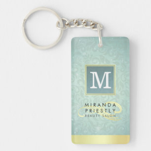 Elegant Monogram Faux Gold Turquoise Damask Floral Key Ring