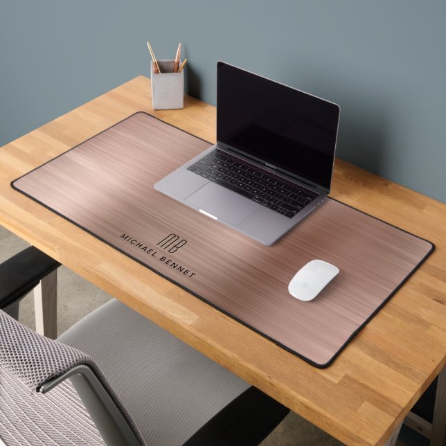Elegant Monogram Faux Rose Gold Brushed Metallic Desk Mat (Office 2)