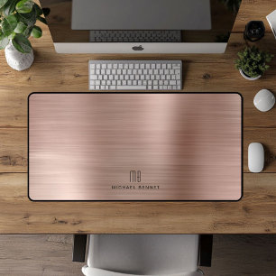 Elegant Monogram Faux Rose Gold Brushed Metallic Desk Mat