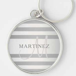 Elegant Monogram Faux Silver Gradient Gray Stripes Key Ring