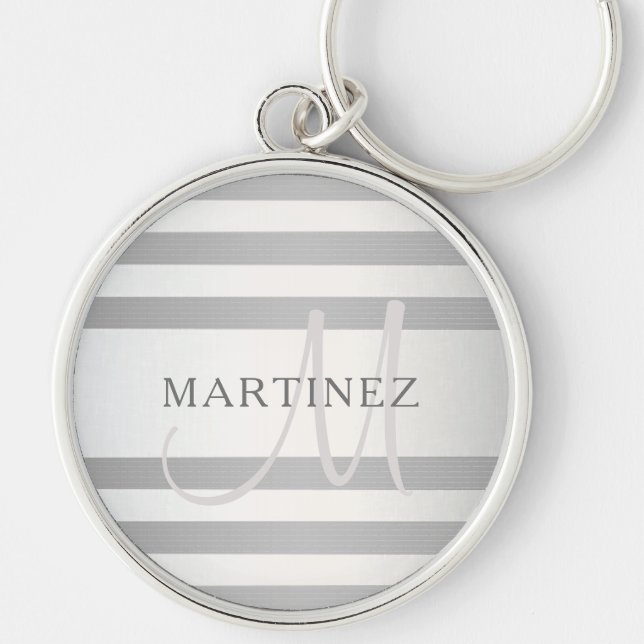 Elegant Monogram Faux Silver Gradient Gray Stripes Key Ring (Front)