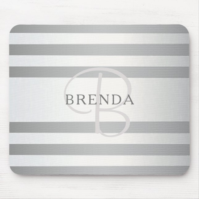 Elegant Monogram Faux Silver Gradient Gray Stripes Mouse Mat (Front)