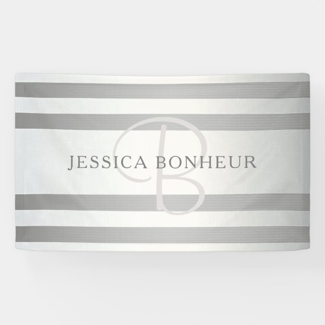 Elegant Monogram Faux Silver Gradient Grey Stripes Banner (Horizontal)