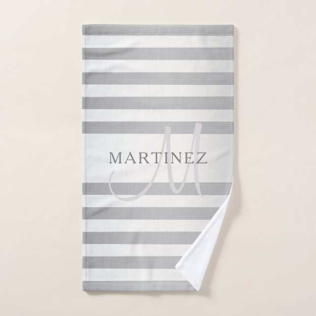 Elegant Monogram Faux Silver Gradient Grey Stripes Bath Towel Set (Hand Towel)