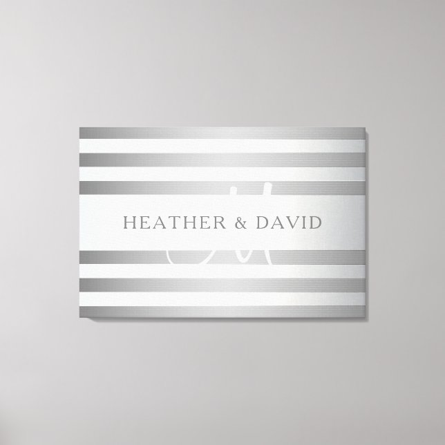 Elegant Monogram Faux Silver Gradient Grey Stripes Canvas Print (Front)