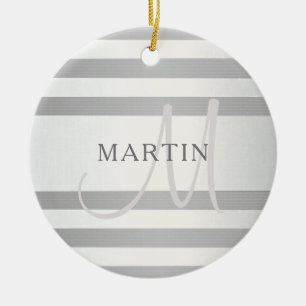 Elegant Monogram Faux Silver Gradient Grey Stripes Ceramic Tree Decoration