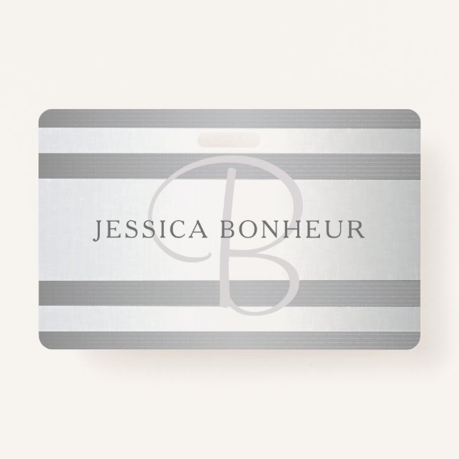 Elegant Monogram Faux Silver Gradient Grey Stripes ID Badge (Front)