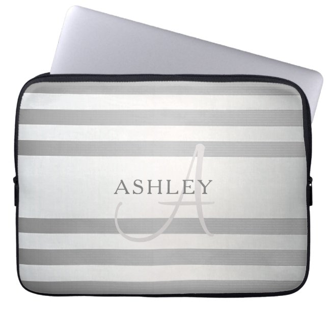 Elegant Monogram Faux Silver Gradient Grey Stripes Laptop Sleeve (Front)