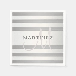 Elegant Monogram Faux Silver Gradient Grey Stripes Napkin