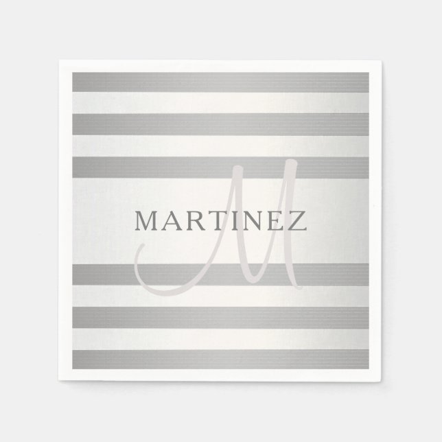 Elegant Monogram Faux Silver Gradient Grey Stripes Napkin (Front)