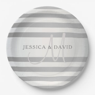 Elegant Monogram Faux Silver Gradient Grey Stripes Paper Plate