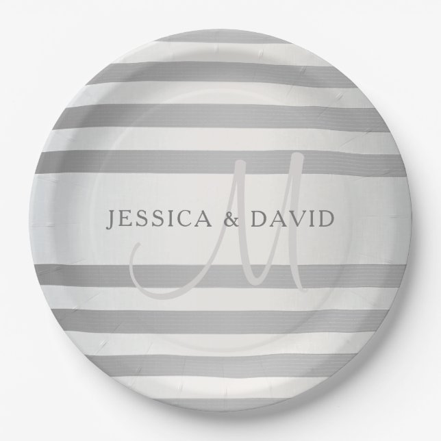 Elegant Monogram Faux Silver Gradient Grey Stripes Paper Plate (Front)